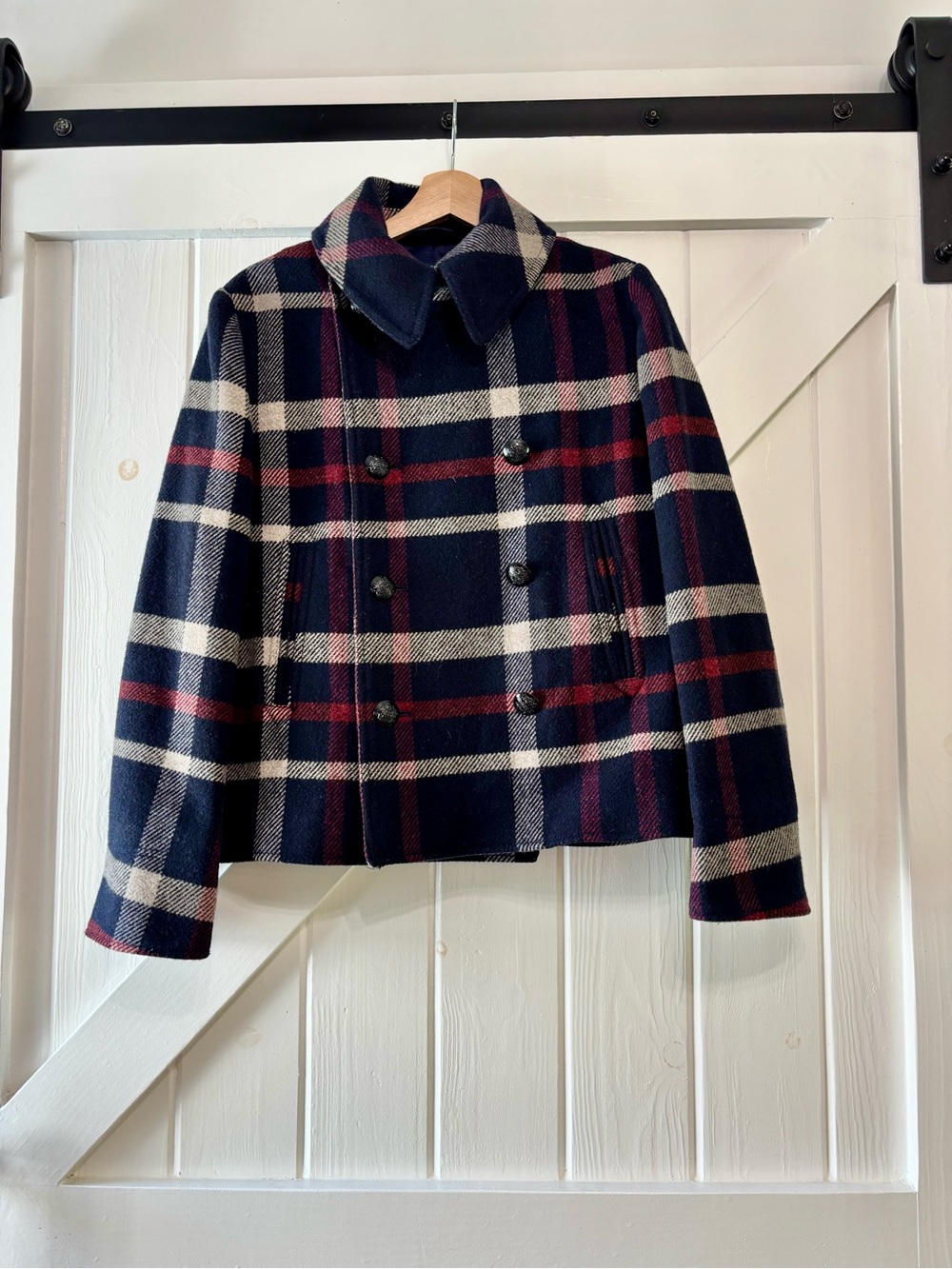 Ralph Lauren Wool Blend Plaid Peacoat Navy Burgundy Cropped Preppy Heritage 8 - Picture 2 of 9